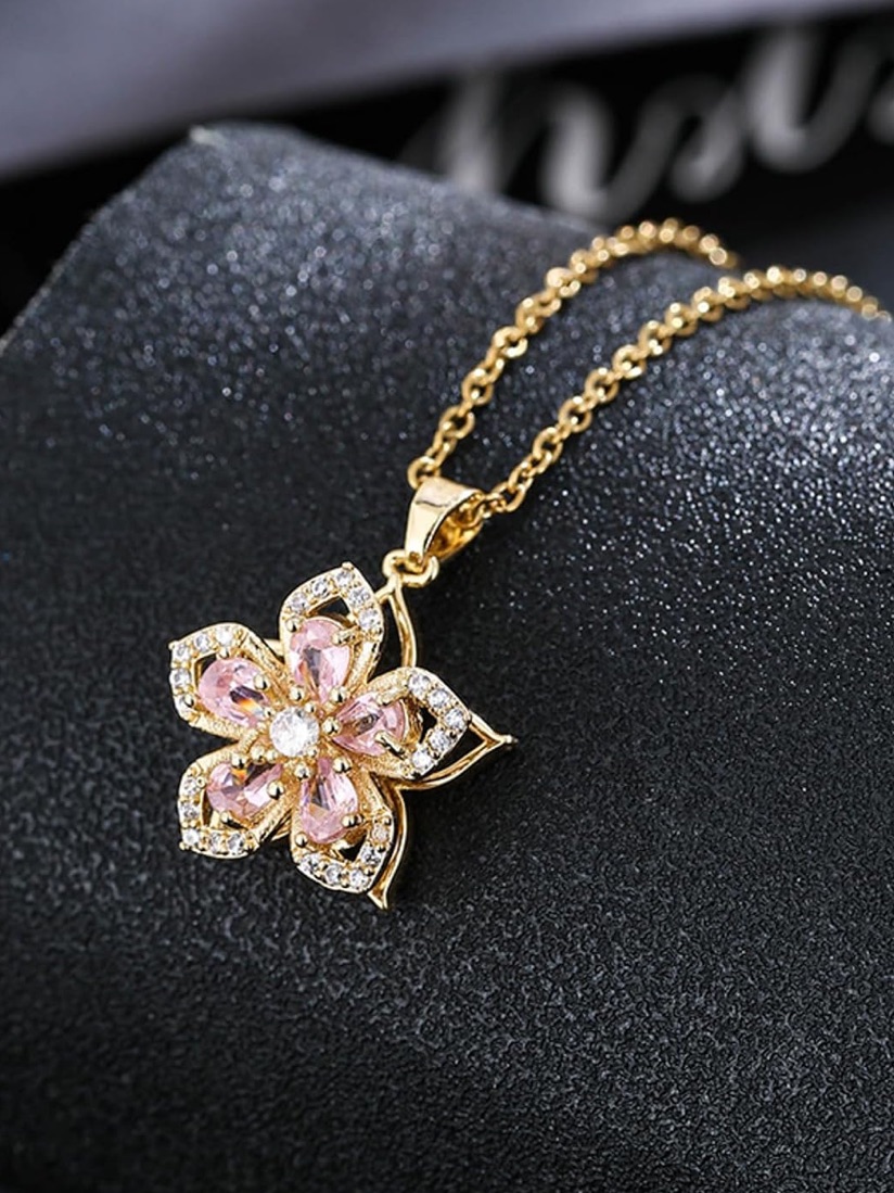 Anthropologie Gold Floral Necklace With Pink Crystals
